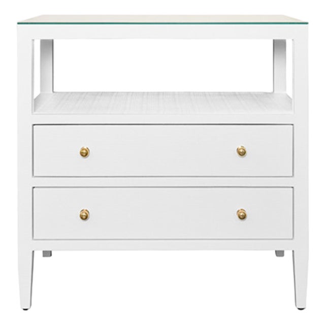 Matthew Izzo Home Douglas White Textured Linen Two Drawer Side Table With Open Top Shelf, Polished Brass Knobs and Glass Top For Sale
