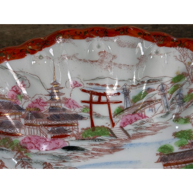 Vintage Japanese Geisha Porcelain Bowl With Temple Landscape Scene For Sale - Image 4 of 8