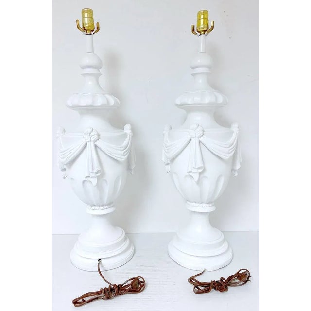 Mid 20th Century Large Hollywood Regency Neoclassical White Lacquered Draped Urn Lamps - a Pair For Sale - Image 4 of 6