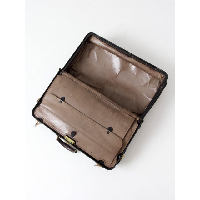 Antique 1920s Black Leather Suitcase With Brass Hardware For Sale - Image 13 of 14