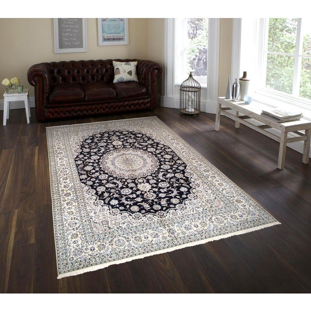 Persian Nain Silk & Wool Navy Area Rug- 8' 7" X 12' 1" For Sale In New York - Image 6 of 6
