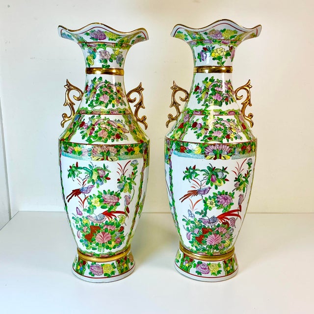 Late 19th C Antique Chinoiserie Boho Chic Hollywood Regency Famille Rose Vases - A Pair, Monumental For Sale - Image 18 of 18