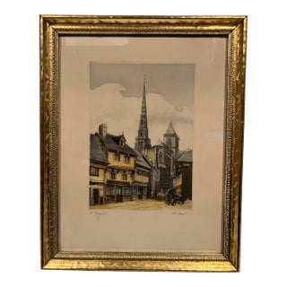 Antique Watercolor Etching of a European Village Street Scene Signed by v. Carre in a Gilded Frame For Sale
