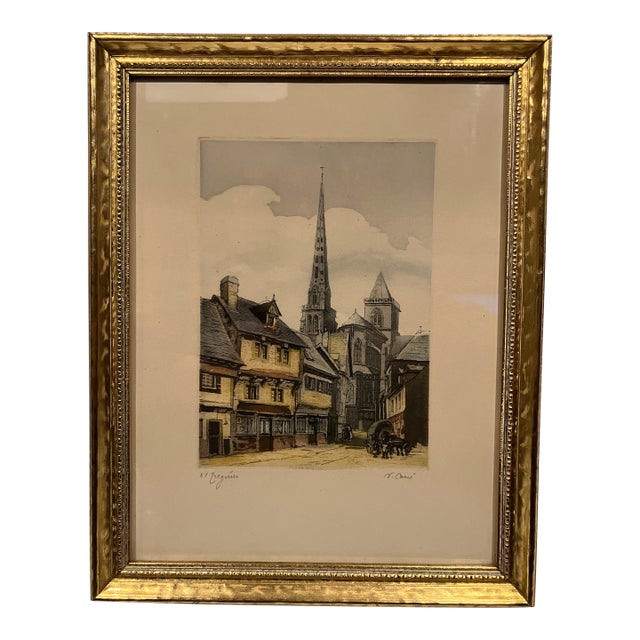 Antique Watercolor Etching of a European Village Street Scene Signed by v. Carre in a Gilded Frame For Sale