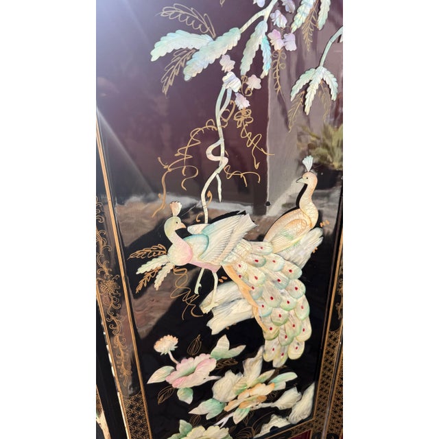 Late 20th Century Four-Panel Asian Lacquer Screen With Mother-of-Pearl Inlay, 72” H For Sale - Image 18 of 18