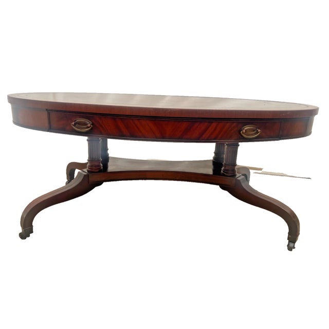 Traditional Vintage Weiman Mahogany Oval Coffee Table Brown Tooled Leather Top Federal Style For Sale - Image 3 of 14