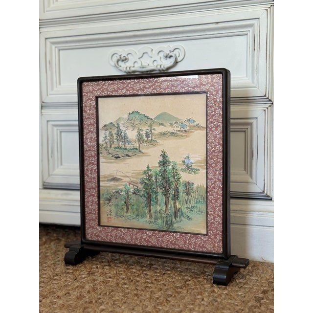 1960s 1960s Asian Hand-Painted Landscape Tabletop Screen | Traditional Oriental Desk Decor For Sale - Image 5 of 11
