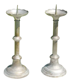 Antique Large German Silvered Brass Pricket Candlesticks - a Pair