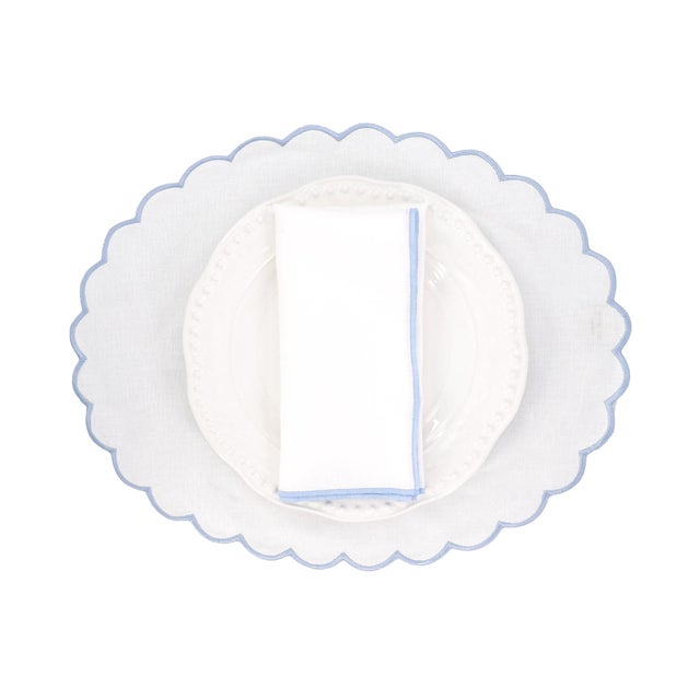 Not Yet Made - Made To Order White Linen Napkins With Baby Blue Satin Stitch Edges, Set of 4 For Sale - Image 5 of 6