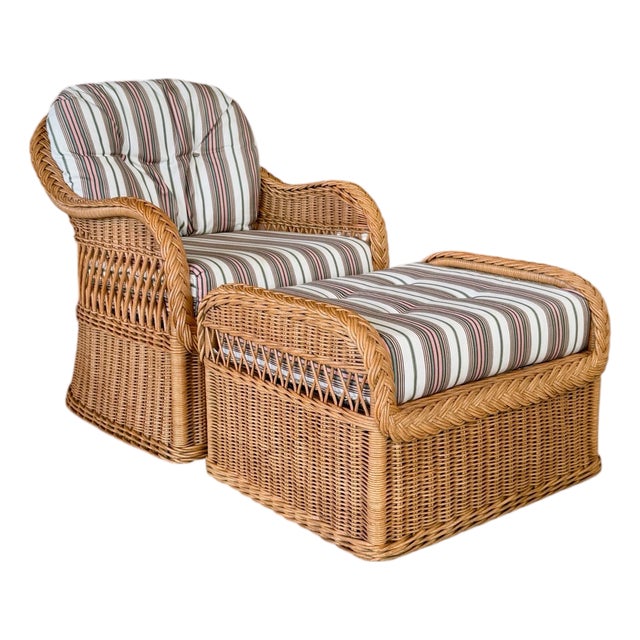Coastal Boho Rattan Braid Lounge Chair & Ottoman by Henry Link For Sale