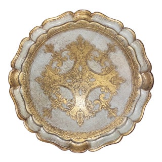 Vintage Italian Florentine Hand Painted Gilt Gold and White Serving Tray For Sale