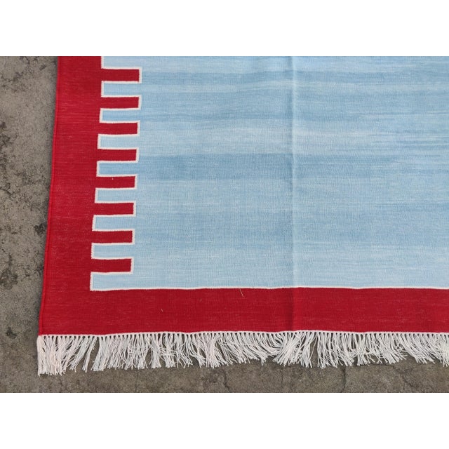 Handmade Cotton Zig Zag Patterned Rug, Sky Blue and Red Bordered Dhurrie - 12'x15' For Sale - Image 10 of 10