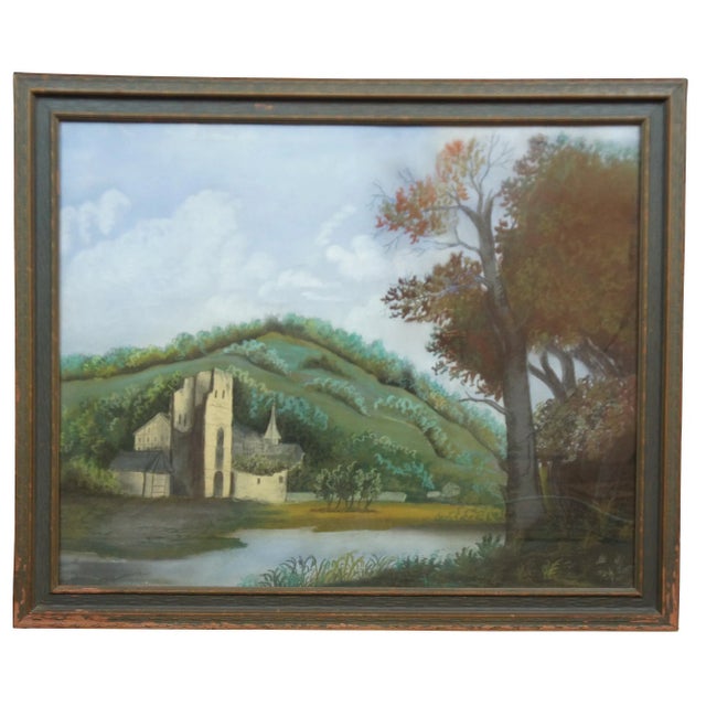 1950s German Castle River Landscape Pastel Drawing, Framed For Sale - Image 11 of 11