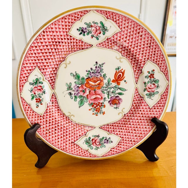 Antique hand-painted decorative plate- pink floral designs with Chinese chop/French stamp with the rim design as well as...