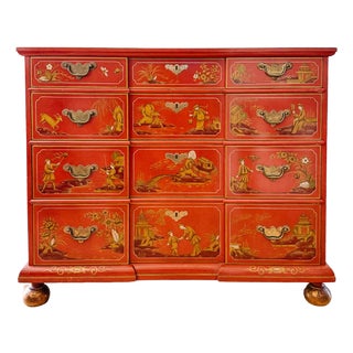 1960s Hollywood Regency Chinoiserie Red Lacquered Hand-Painted Chest of Drawers Attributed To Baker Furniture For Sale