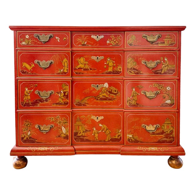 1960s Hollywood Regency Chinoiserie Red Lacquered Hand-Painted Chest of Drawers Attributed To Baker Furniture For Sale