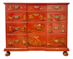 1960s Hollywood Regency Chinoiserie Red Lacquered Hand-Painted Chest of Drawers Attributed To Baker Furniture