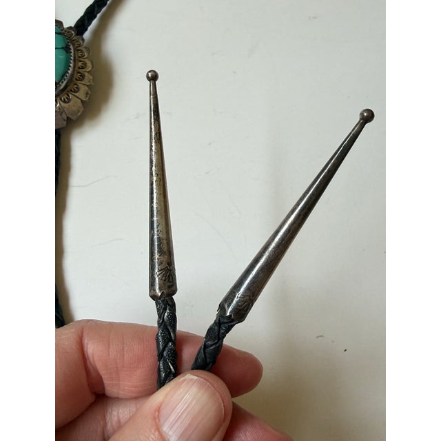 Vintage Navajo Sterling Silver and Turquoise Bolo Tie Signed Ap For Sale In Seattle - Image 6 of 7