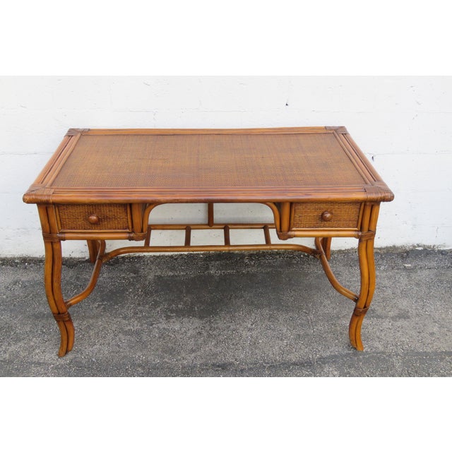 Hollywood Regency Rattan Bamboo Caned Desk and Chair 5732 For Sale - Image 10 of 12