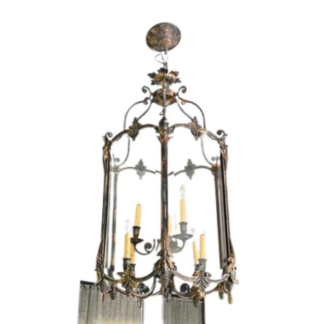 French Mid 20th Century Nine Light Lantern With Glass Panels and Decorative Brass Detail For Sale - Image 3 of 3