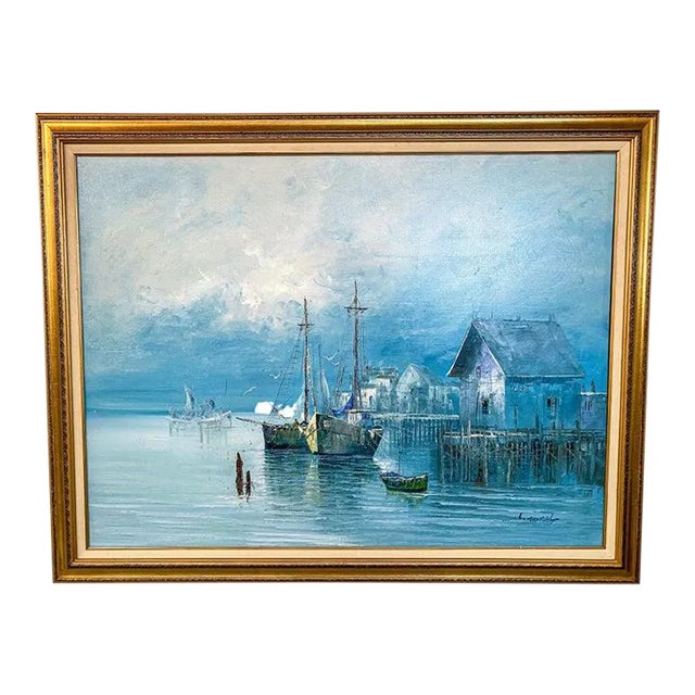 Large Marine Landscape Oil on Canvas Painting With Boats at a Dock, Signed For Sale
