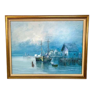 Large Marine Landscape Oil on Canvas Painting With Boats at a Dock, Signed