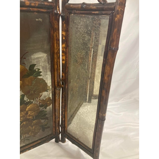 Traditional Antique Victorian Aesthetic Movement Bamboo Folding Fire Screen | Hand-Painted For Sale - Image 3 of 9