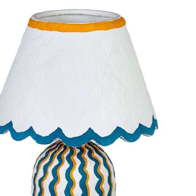 Blum Scalloped Squiggle Cotton Mache Table Lamp, Blue/Yellow For Sale - Image 4 of 6
