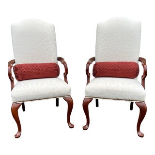 1980s Ivory Damask Pattern Gooseneck Arm Chairs- a Pair For Sale