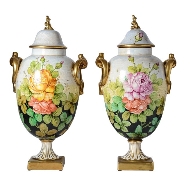 Pair Very Tall Hand Painted Vintage Italian Ceramic Urns, Artist Signed For Sale