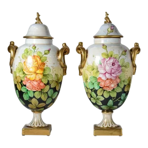 Pair Very Tall Hand Painted Vintage Italian Ceramic Urns, Artist Signed