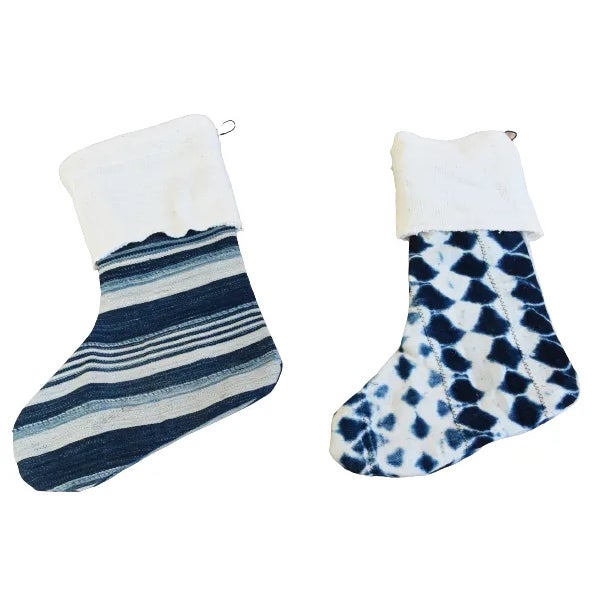 Blue Blue & White One-Of-A-Kind African Textile Christmas Stockings, S/2 For Sale - Image 8 of 9