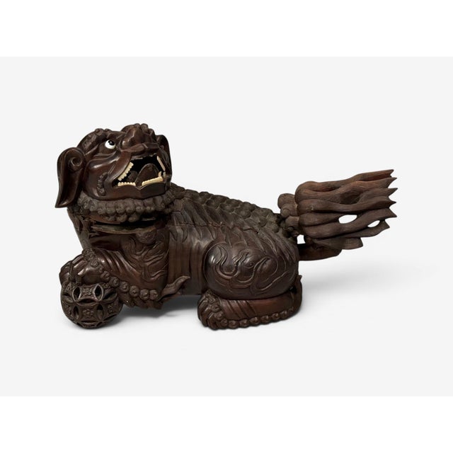 Wood Chinese Export, Opposing Foo Dogs, Solid Teakwood, Glass, China, 19th C. For Sale - Image 7 of 18