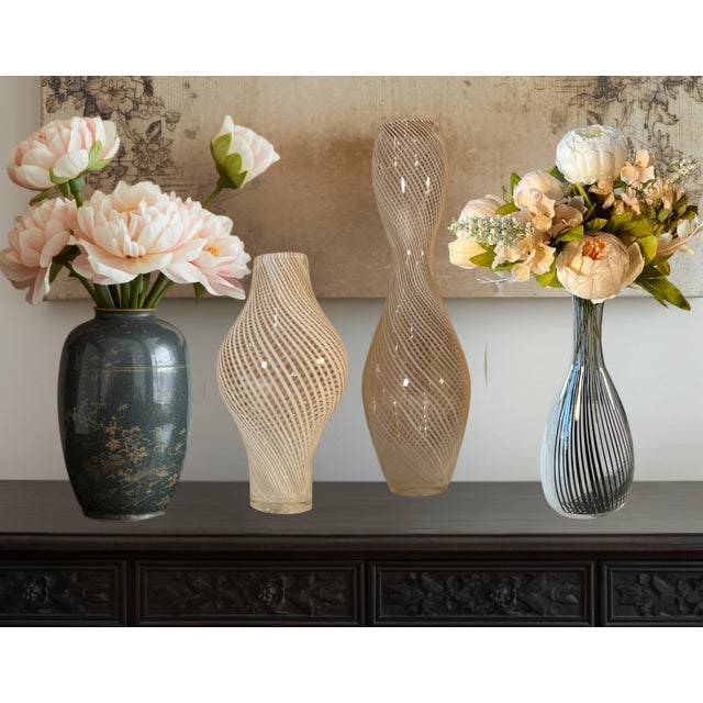 Murano Mezza Filigrana Art Glass White and White and Black Pin Stripe Swirl Vases- Set of 3 For Sale - Image 9 of 18