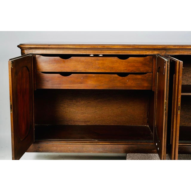 Monumental Baker Furniture French Provincial Style Walnut Buffet Sideboard, 4-Door Carved Credenza, Circa 1960–1975 For Sale - Image 10 of 12