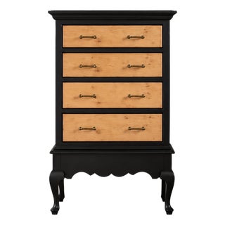 Vintage Queen Anne Style Black & Natural Maple High Chest / Tallboy Dresser – 4 Drawers For Sale