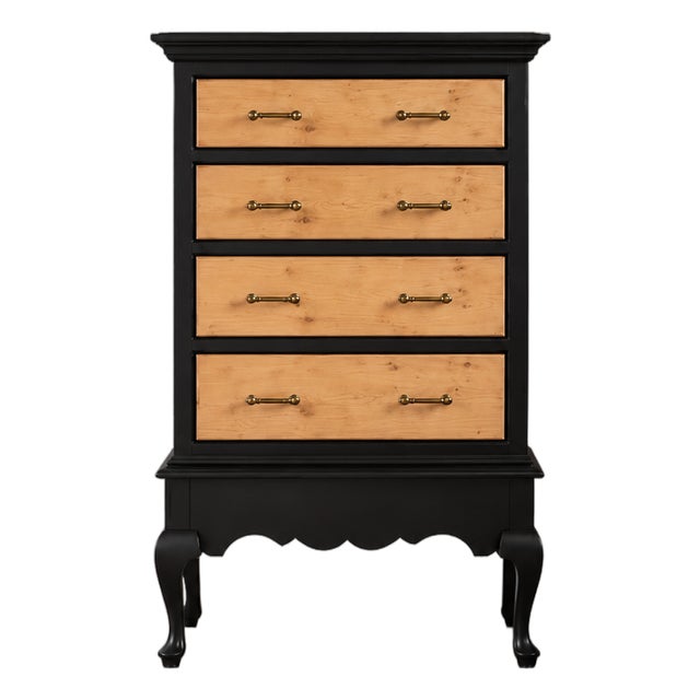 Vintage Queen Anne Style Black & Natural Maple High Chest / Tallboy Dresser – 4 Drawers For Sale
