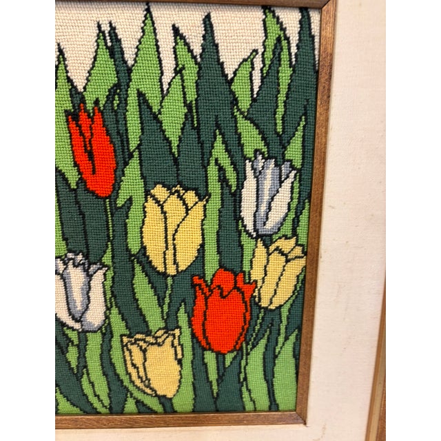 Vintage Framed Tulip Needlepoint Textile Art Scandinavian Modern Solid Wood Frame For Sale - Image 10 of 12