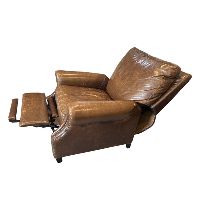 Pottery Barn James Roll Arm Top-Grain Leather Recliner Chair – Nailhead Trim, Classic Traditional Club Style, Dark Walnut Legs For Sale - Image 9 of 11