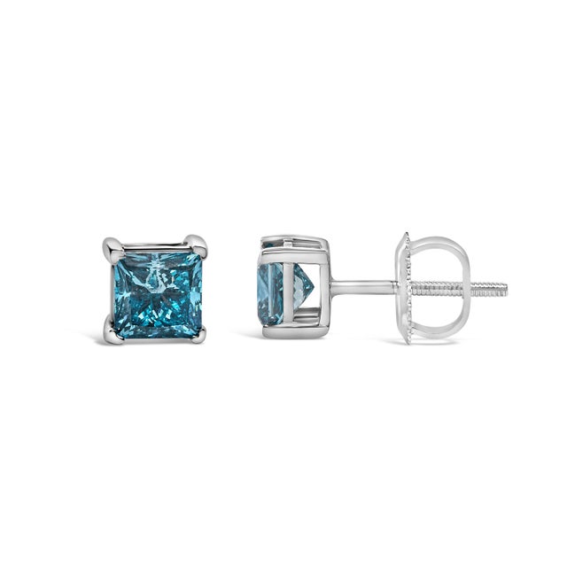 Haus of Brilliance 14K White Gold 1.0 Cttw Princess Cut Lab Grown Blue Diamond Solitaire Stud Earrings For Sale - Image 4 of 4