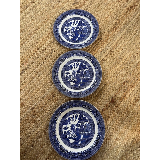 3 Blue willow plates made by woods and sons. Known as woodsware in England. Vintage 1960's