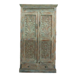 1920s Antique Armoire Blue Carved Wood Farmhouse Cabinet For Sale