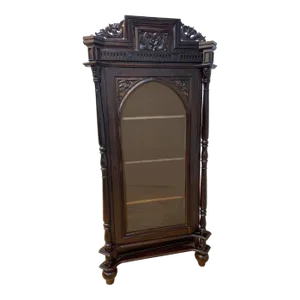 Antique French Carved Oak Glass Front Vitrine Display Cabinet
