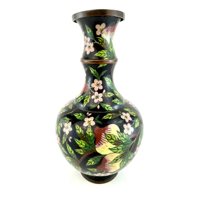 Vintage Cloisonné Floral Vase With Black Ground and Cherry Blossom Motif For Sale - Image 11 of 14
