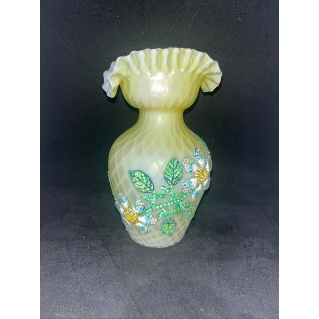 Antique Satin Glass Ruffled Vase Beaded Floral Signed Webb For Sale - Image 4 of 7