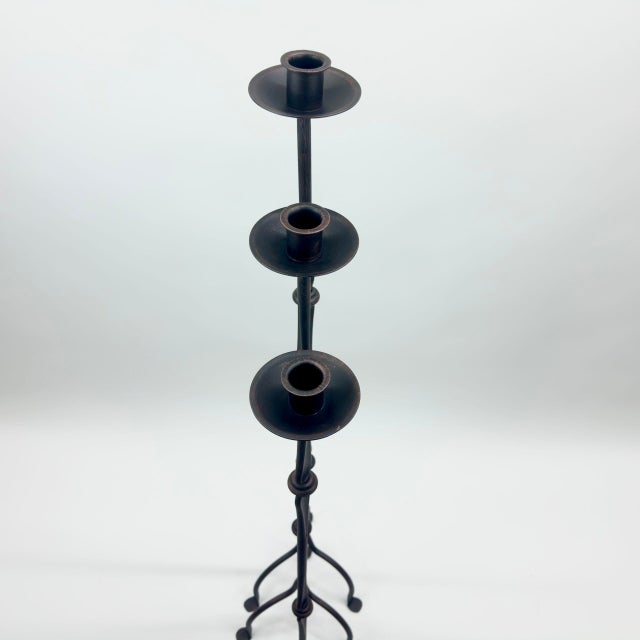 Hand Forged Iron Candelabra Set of 3 (97-117cm) Antique Copper Finish Classic Spindle Node Floor Set For Sale - Image 4 of 6