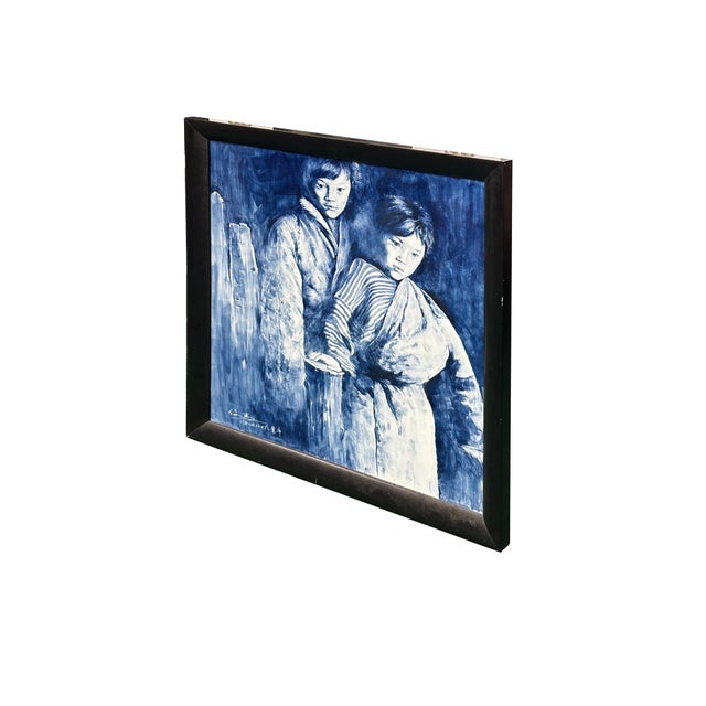Contemporary Contemporary Blue White People Graphic Porcelain Wood Framed Art For Sale - Image 3 of 10