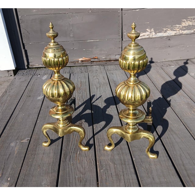Vintage Ornate Cast Brass Fireplace Andirons 1950s For Sale - Image 4 of 18