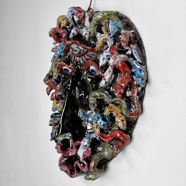 A monumental ceramic wall mask from seminara in calabria, made by gennaro condurso. a handmade and one-of-a-kind piece, of...
