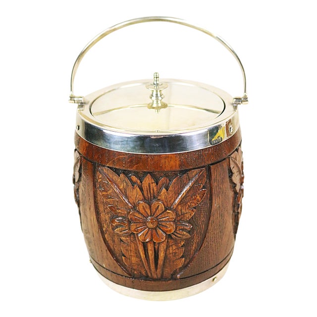 Late 19th Century English Oak and Silver Biscuit Barrel For Sale